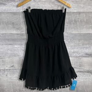 Cupshe NEW Smocked Pom Pom Tube Coverup Dress Womens M Black Strapless Beach